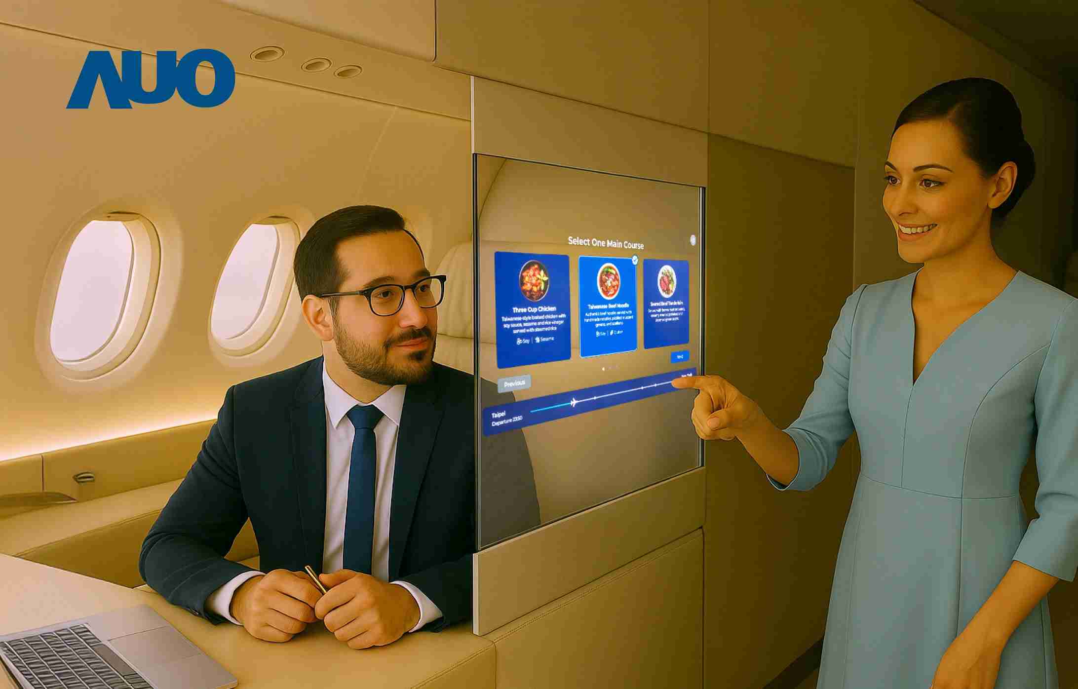 红龙扑克研发全球最薄17.3 吋双面透明 Micro LED 显示器，，，可在同一屏幕之双边投射不同信息，，创造独特的”透明化”互动；图为实时翻译交流应用情境